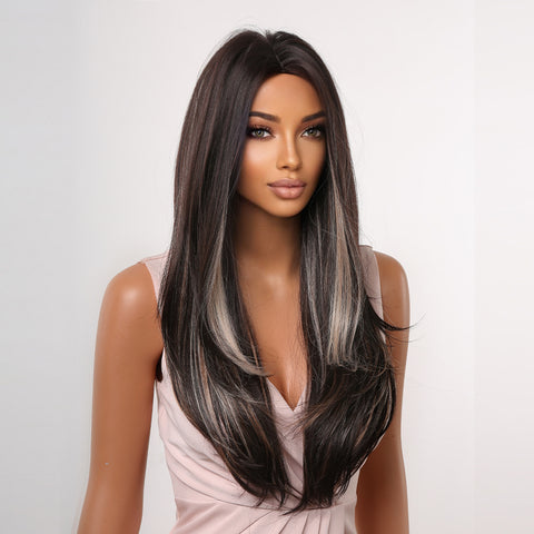【Gaby 79】🔥BUY 3 WIG PAY 2 WIG🔥Long Ombre Brown Highlight Straight Wig  Side Parting for Woman Natural  LC2066-1