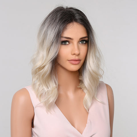 Haircube 14 Inch Platinum with Dark Roots Middle Part Shoulder-Length Wavy Wig Middle Part Heat Resistant Synthetic Wig for Women Natural Comfortable Fashion Party Diy Daily LC1017-1