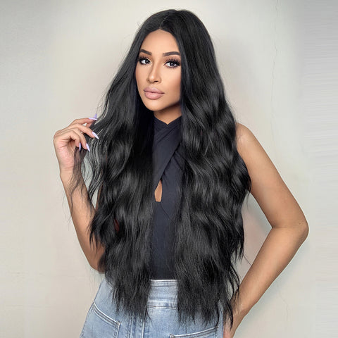 【Peachy 22】28 inches Long Black Wavy sexy body wave Wig Middle Part LC2007-1