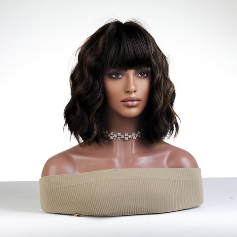 Haircube 14 Inch Short Black Curly Wavy Wig with Bang Heat Resistant Synthetic Wig for Women Natural Comfortable Fashion Party Diy Daily  lc8087