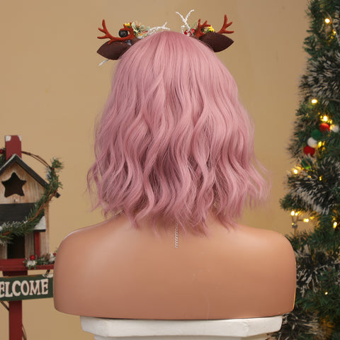 Haircube 12 Inch Short Pink  Wavy Bob Wig with Bang  Heat Resistant Synthetic Wig Natural Fashion for Woman Party Diy Cosplay lc8058