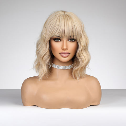 Haircube 14Inch Short Gold Wavy Curly Wig  with  Bang Heat Resistant Synthetic Wig for Women Natural Comfortable Fashion Party Diy Daily  de122-2