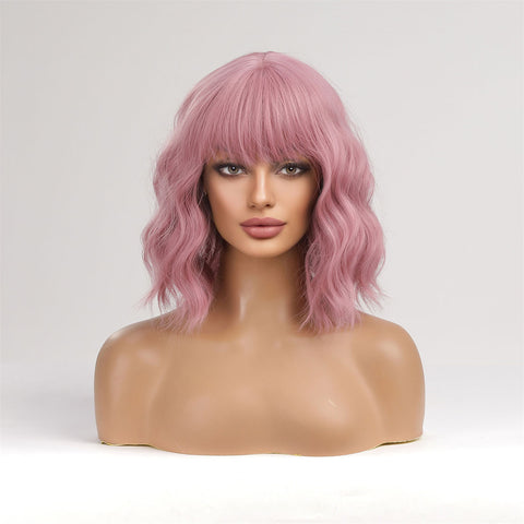 Haircube 14 Inch Short Pink Wavy Curly Bob Wig with Bang Heat Resistant Synthetic Wig for Women Natural Comfortable Fashion Party Diy Daily  lc8058