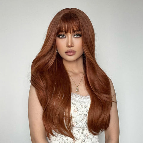 【Gaby 】🔥BUY 3 WIG PAY 2 WIG🔥 Haircube 24 Inch Long Buckle at the End of Hair Red Brown  Straight Wig  with Bang  LC015-1