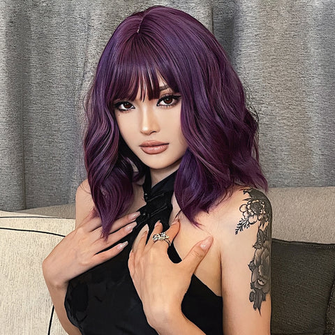 【Sphere 48】14 Inch purple Wig with Bangs for Women Girls Bob Hair Wigs Short Curly Wavy for women WL1006-3