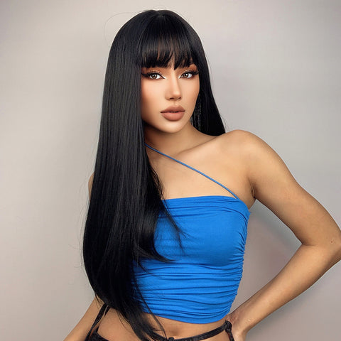 S71 Long Black Straight Wig with Bang 24 Inch LC257-1
