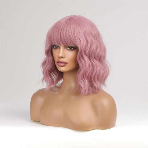 Haircube 14 Inch Short Pink Wavy Curly Bob Wig with Bang Heat Resistant Synthetic Wig for Women Natural Comfortable Fashion Party Diy Daily  lc8058