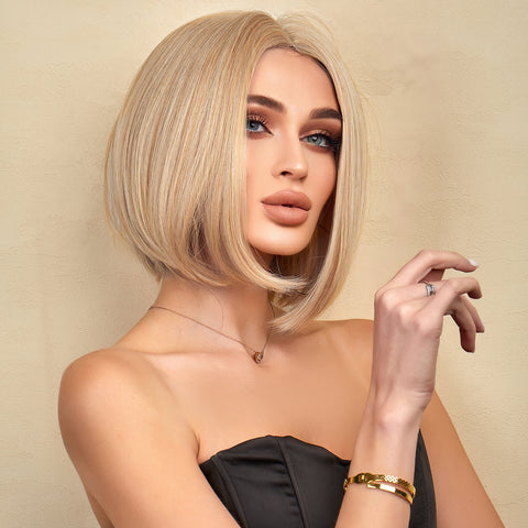 Haircube 12 Inch Short Blonde Bob Straight Wig Synthetic Heat Resistant for Woman Natural Comfortable Fanshion Daily Party DIY de125-2