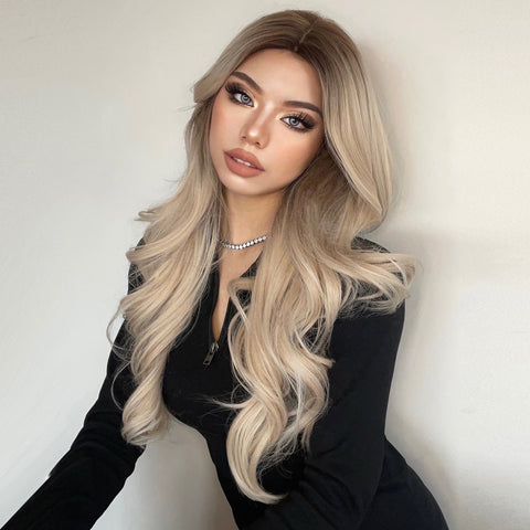 M36 Long curly wigs black ombre blonde with middle bangs wigs for women for daily life LC307-1