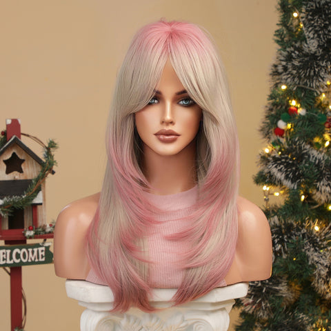 【Gaby 26】🔥BUY 3 WIG PAY 2 WIG🔥Haircube 24 Inch Long Pink Mixed Gray  Wig with Central Part Bang   LC259-16