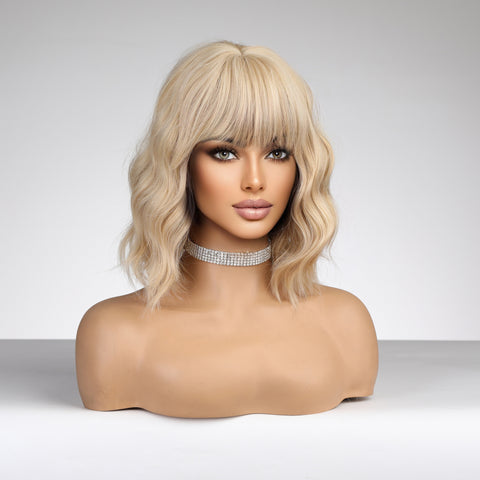 Haircube 14Inch Short Gold Wavy Curly Wig  with  Bang Heat Resistant Synthetic Wig for Women Natural Comfortable Fashion Party Diy Daily  de122-2