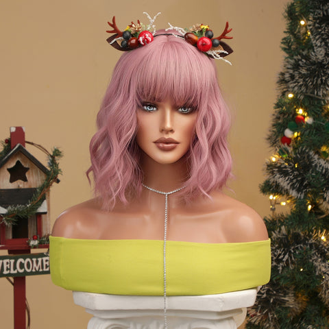 Haircube 12 Inch Short Pink  Wavy Bob Wig with Bang  Heat Resistant Synthetic Wig Natural Fashion for Woman Party Diy Cosplay lc8058