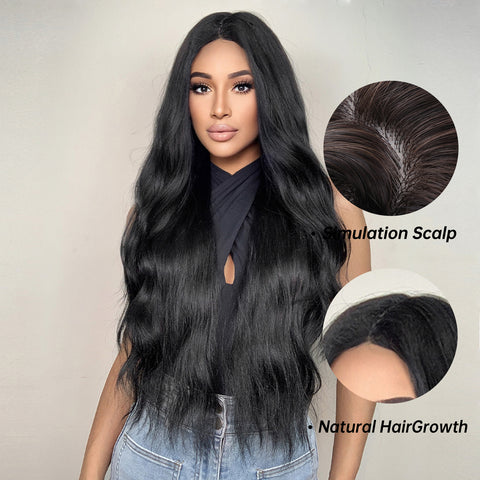 【Peachy 22】28 inches Long Black Wavy sexy body wave Wig Middle Part LC2007-1