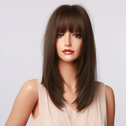 Haircube 16 Inch Middle Length Short Straight Bob Dark Brown Wig with Bang Heat Resistant Synthetic Wig for Women Natural Comfortable Fashion Party Diy Daily LC5056-1