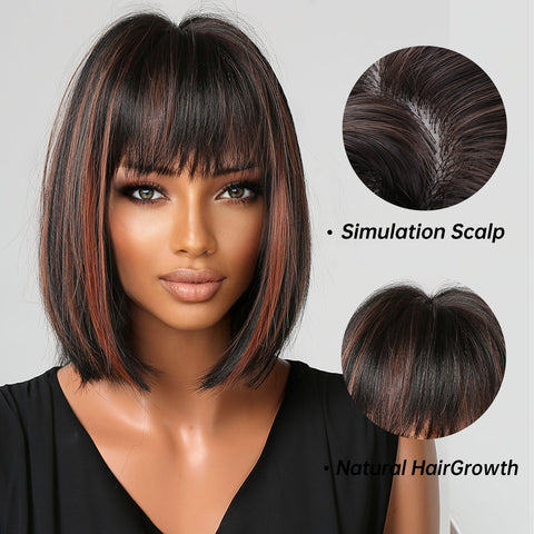 【Sphere 44】10-inch Black highlight red Short Straight Bob wigs With Bangs for Women LC2080-1