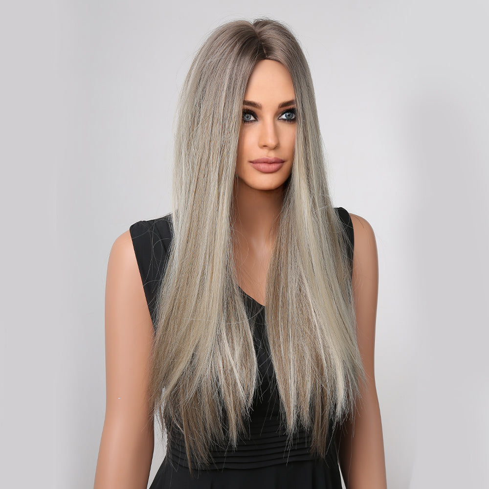 Haircube 24 Inch Greyish Brown Middle Part Long Straight Wig Middle Part Heat Resistant Synthetic Wig for Women Natural Comfortable Fashion Party Diy Daily LC1007-1