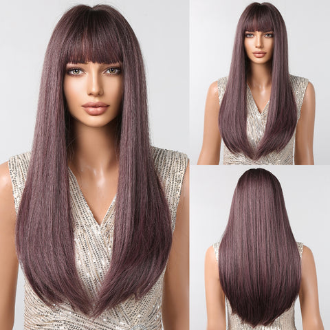 【Winni】28 inch Long straight wigs purple Wigs with bangs wigs LC2096-4
