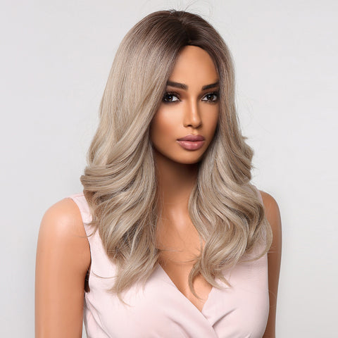 Haircube 18 Inch Ombre Platinum Blonde Shoulder Length Middle Part Wavy Wig Heat Resistant Synthetic Wig  Natural Comfortable for Woman Party Daily DIY LC2031-1