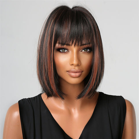 T28 Black highlight red Short Straight Bob wigs With Bangs for Women LC2080-1