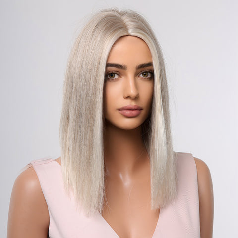 Haircube 14 Inch Platinum Shoulder-Length Bob Wig Middle Part Heat Resistant Synthetic Wig for Women Natural Comfortable Fashion Party Diy Daily LC1024-1