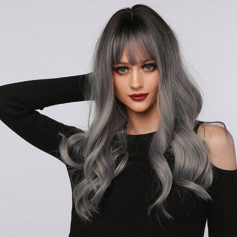 S8 Long Ombre Gray Wavy Wig with Bang LC6057