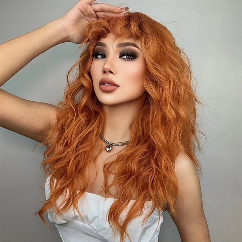 M46 Long curly wigs orange with bangs wigs for women for daily life LC6056-1
