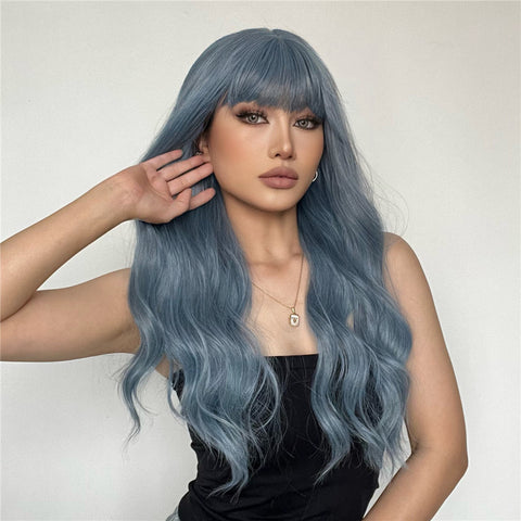 【Gaby 70】🔥BUY 3 WIG PAY 2 WIG🔥Haircube Long Blue Wavy Synthetic Wigs With Bangs LC194-1