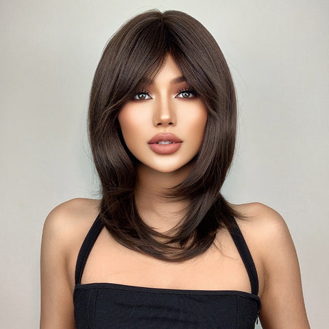 【YW81】 Haircube 18 Inch Middle Length Straight Brown Wig with Middle Part Bang  LC242-6