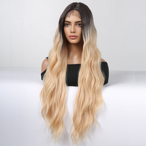 【peachy 9】30-inch  blonde lace front wigs Long curly Wavy Wig  HC11059-1