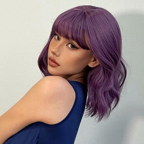 【Luna 28】Haircube 14 Inch Short Purple Bob Slight Wavy Curly Wig WL1006-3