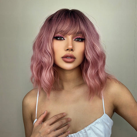 【Gaby 87】🔥BUY 3 WIG PAY 2 WIG🔥 Haircube 14 Inch Short Ombre Pink Wavy Curly Bob Wig LC032-1