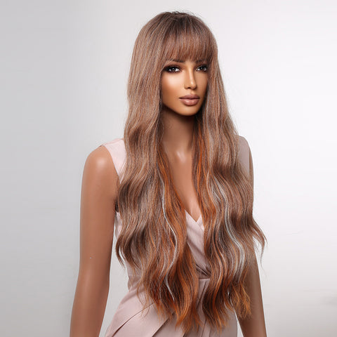 【Peachy 32】30 inches Long Brown Mixed Graysexy body wave  Wig with bangs  LC2059-1