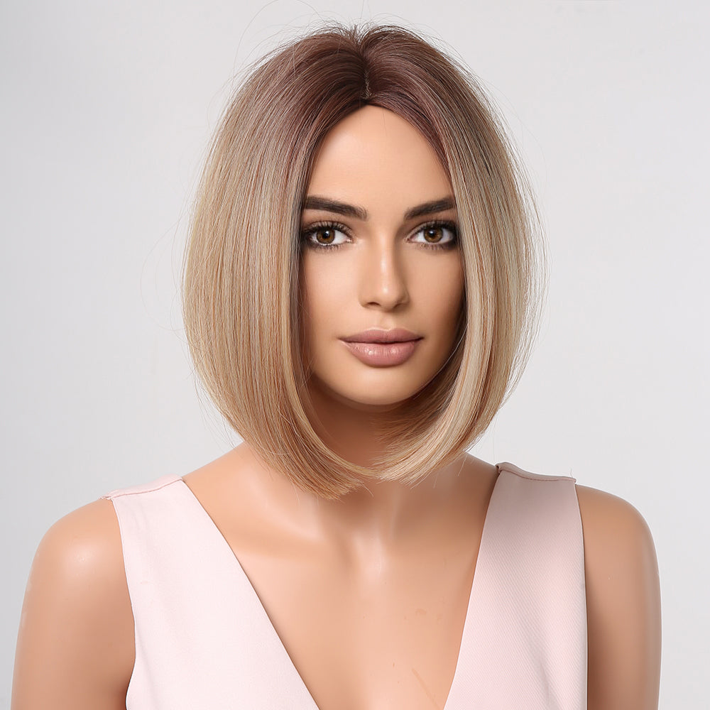 Haircube 10 Inch Light Brown Short Bob Wig Middle Part Heat Resistant Synthetic Wig for Women Natural Comfortable Fashion Party Diy Daily LC1023-1