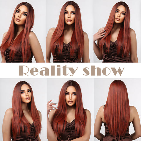 【Luna 3】Haircube 28-inch Long Straight Black Ombre Red Wigs for Women Straight Wigs WL1046-1