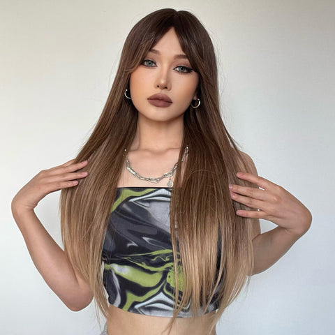 【Gaby 81】🔥BUY 3 WIG PAY 2 WIG🔥 Haircube Long Brown Straight Synthetic Wigs With Bangs LC244-1