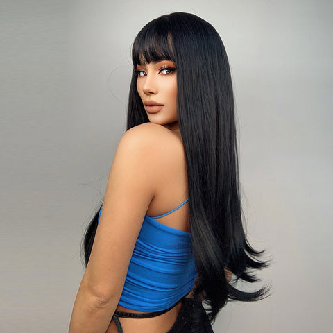 S71 Long Black Straight Wig with Bang 24 Inch LC257-1