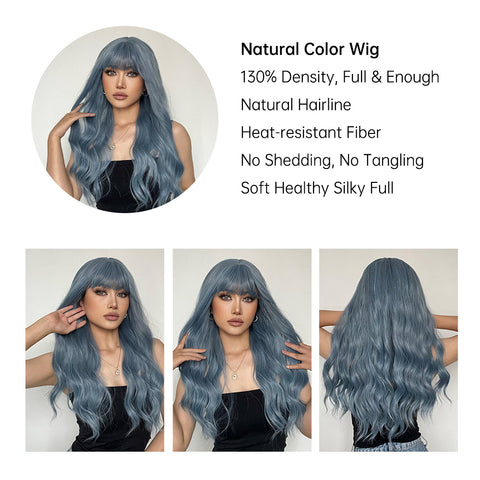 【Luna 40】 Haircube Long Blue Wavy Synthetic Wigs With Bangs LC194-1