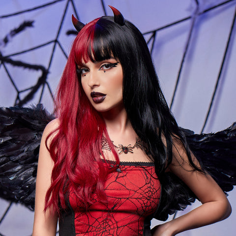 S57 Long Black and Red Curly Wavy Wig with Bang  RP002-2
