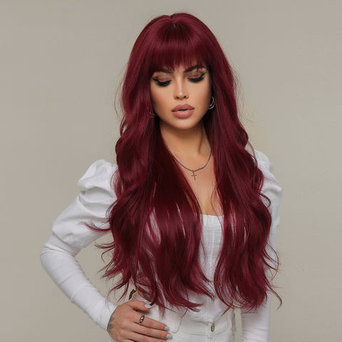 【Gaby 86】🔥BUY 3 WIG PAY 2 WIG🔥Haircube 26 Inch Long Wine Red Wavy Curly Wig with Bang  LC2074-1
