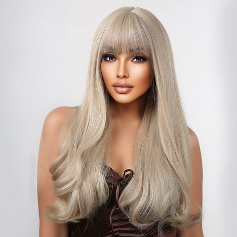 M8 Long Platinum Wavy Wig With Bangs Synthetic Heat Resistant Wig LC5038-1