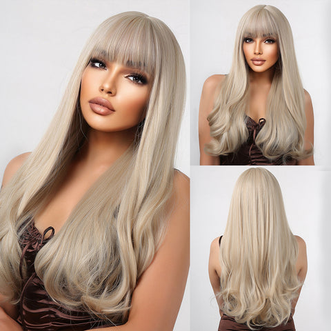 S70 Long Platinum Wavy Wig With Bangs Synthetic Heat Resistant Wig LC5038-1