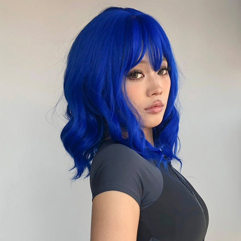 【Gaby 64】🔥BUY 3 WIG PAY 2 WIG🔥Dark Blue Wig with Bangs for Women Girls Bob Hair Wigs Short Curly Wavy for women WL1006-4