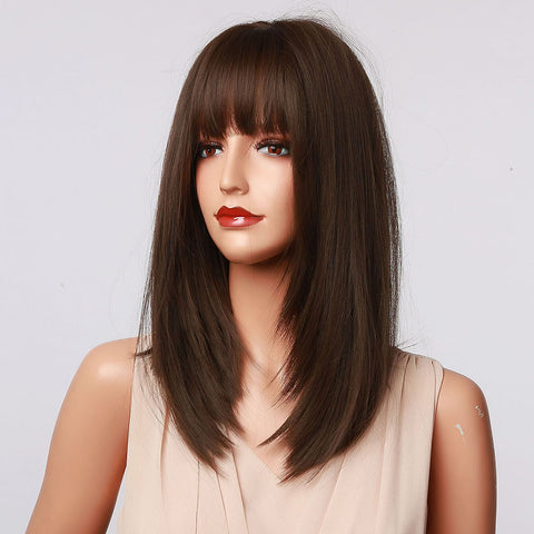 Haircube 16 Inch Middle Length Short Straight Bob Dark Brown Wig with Bang Heat Resistant Synthetic Wig for Women Natural Comfortable Fashion Party Diy Daily LC5056-1