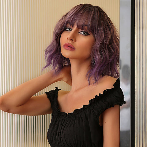 M10 ombre purple body natural wave wigs with bangs for women party WL1077-1