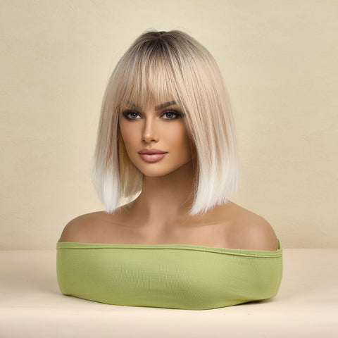 Haircube 12 Inch Short Ombre Platinum Gold Bob Wig with Bang Heat Resistant Synthetic Wig for Women Natural Comfortable Fashion Party Diy Daily  lc8079