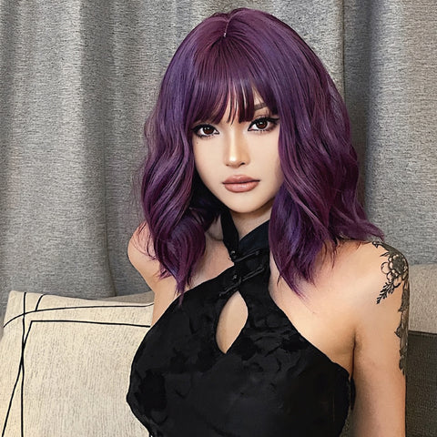 【Sphere 48】14 Inch purple Wig with Bangs for Women Girls Bob Hair Wigs Short Curly Wavy for women WL1006-3