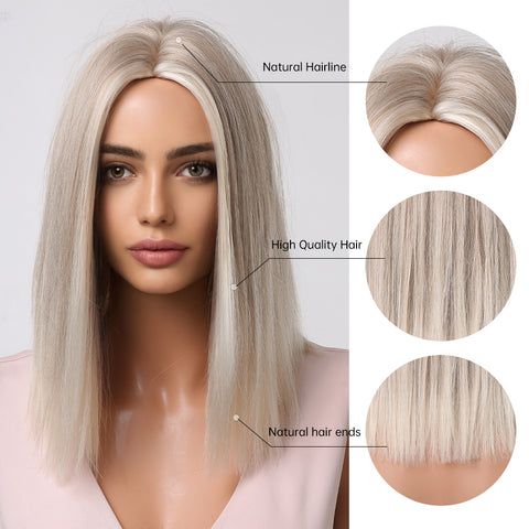 Haircube 14 Inch Platinum Shoulder-Length Bob Wig Middle Part Heat Resistant Synthetic Wig for Women Natural Comfortable Fashion Party Diy Daily LC1024-1
