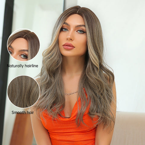 【YW42】26 inch long curly Brown Grey wig with Blonde Highlight Women's wig for daily or cosplay use LC078-1