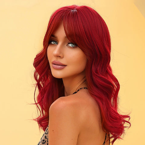 【Gaby 15】🔥BUY 3 WIG PAY 2 WIG🔥Haircube 18 Inch long curly wigs red with middle bangs wigs nature and soft for women WL1048-1