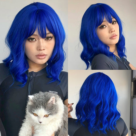 【Sphere 49】14 Inch Dark Blue Wig with Bangs for Women Girls Bob Hair Wigs Short Curly Wavy for women WL1006-4